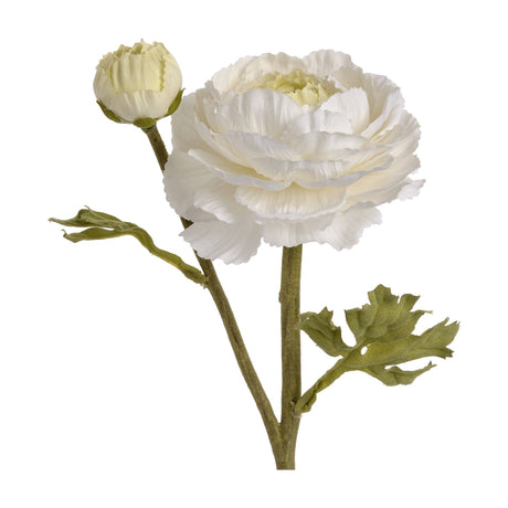 Hill Interiors White Ranunculus Spray faux stem with one full layered bloom, a closed bud, and green leaves on a plain white background.