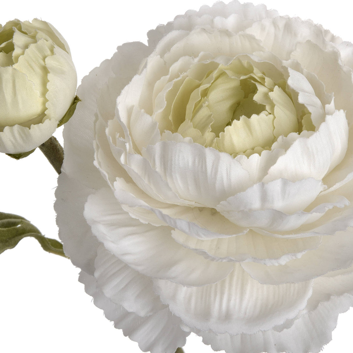 Close-up of Hill Interiors White Ranunculus Spray showing layered white petals with cream centres and a smaller bud on a soft green stem.