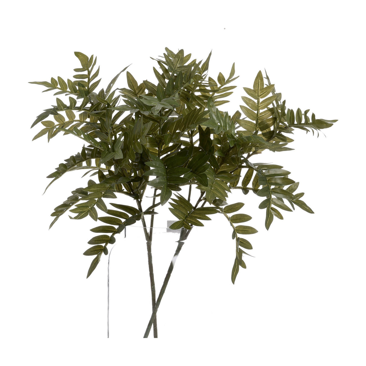 Hill Interiors Pistach Bunch faux foliage stems with clusters of rounded green pistachio-style leaves in a clear glass vase on a white background.