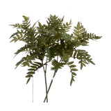 Hill Interiors Pistach Bunch faux foliage stems with clusters of rounded green pistachio-style leaves in a clear glass vase on a white background.