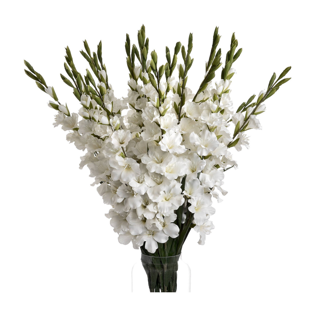 Hill Interiors White Gladioli faux flower stems with tall spires of ruffled white blooms and green buds in a clear glass vase on a white background.