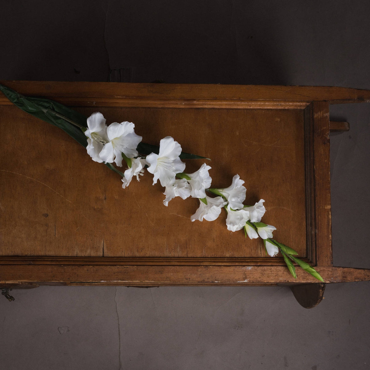 Hill Interiors White Gladioli faux flower stem with ruffled white blooms and slim green leaves, laid diagonally on a wooden panelled table.