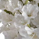 Close-up of Hill Interiors White Gladioli faux flower stem showing ruffled white petals with soft veining, delicate stamens, and slim green leaves.