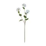 Hill Interiors Viburnum Opulus faux flower stem with three rounded white bloom clusters and green leaves on a slender stem, shown on a plain white background.