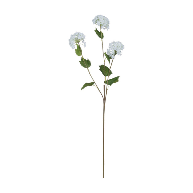 Hill Interiors Viburnum Opulus faux flower stem with three rounded white bloom clusters and green leaves on a slender stem, shown on a plain white background.