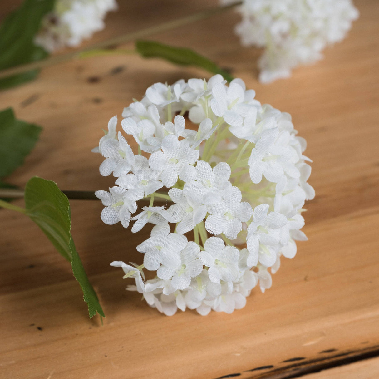 Hill Interiors Viburnum Opulus faux flower stem with a spherical cluster of small white florets and green leaves on a wooden surface.