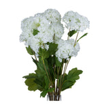 Hill Interiors Viburnum Opulus faux flower stems with rounded white snowball blooms and green leaves, arranged in a glass vase against a white background.