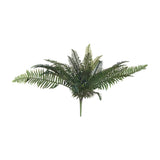 Hill Interiors Fern Bunch faux plant with layered green plastic fronds fanning outward from a central stem, shown on a plain white background.