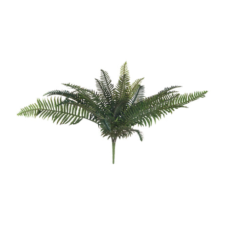 Hill Interiors Fern Bunch faux plant with layered green plastic fronds fanning outward from a central stem, shown on a plain white background.