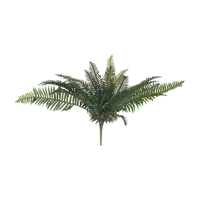 Hill Interiors Fern Bunch faux plant with layered green plastic fronds fanning outward from a central stem, shown on a plain white background.