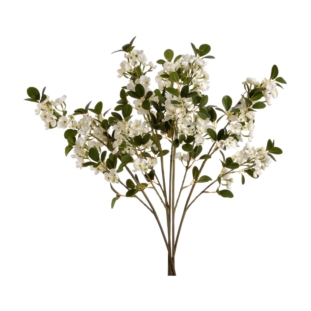Hill Interiors White Spring Mock Orange Flower faux stem with cupped white blossoms, orange centres, and green leaves on branching stems, on white.