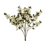Hill Interiors White Spring Mock Orange Flower faux stem with cupped white blossoms, orange centres, and green leaves on branching stems, on white.