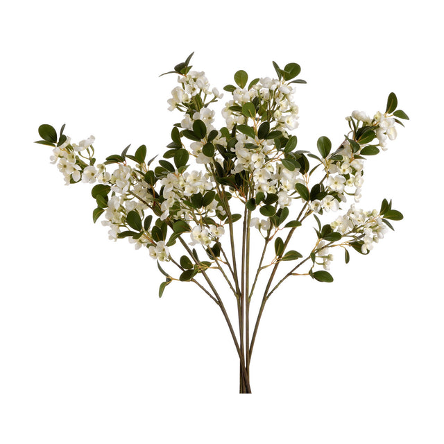 Hill Interiors White Spring Mock Orange Flower faux stem with cupped white blossoms, orange centres, and green leaves on branching stems, on white.