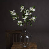 Hill Interiors White Spring Mock Orange Flower stems with cupped white blossoms and green leaves arranged in a clear glass vase on a wooden crate.