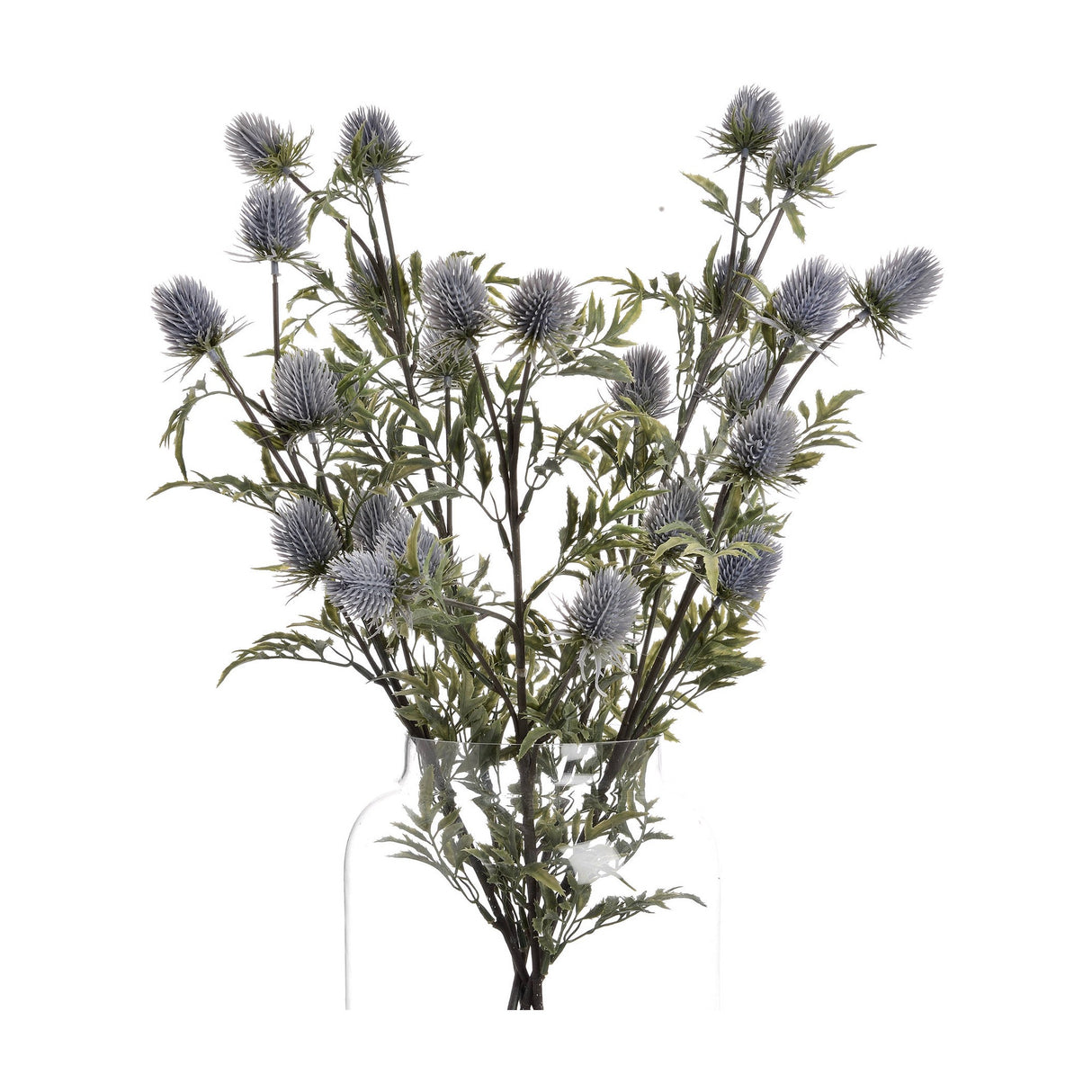 Hill Interiors Eryngium Thistle faux stems with grey cone-shaped thistle heads and jagged green bracts, arranged in a clear glass vase on a white background.