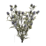 Hill Interiors Eryngium Thistle faux stems with grey cone-shaped thistle heads and jagged green bracts, arranged in a clear glass vase on a white background.