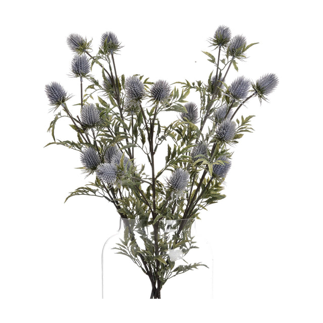 Hill Interiors Eryngium Thistle faux stems with grey cone-shaped thistle heads and jagged green bracts, arranged in a clear glass vase on a white background.