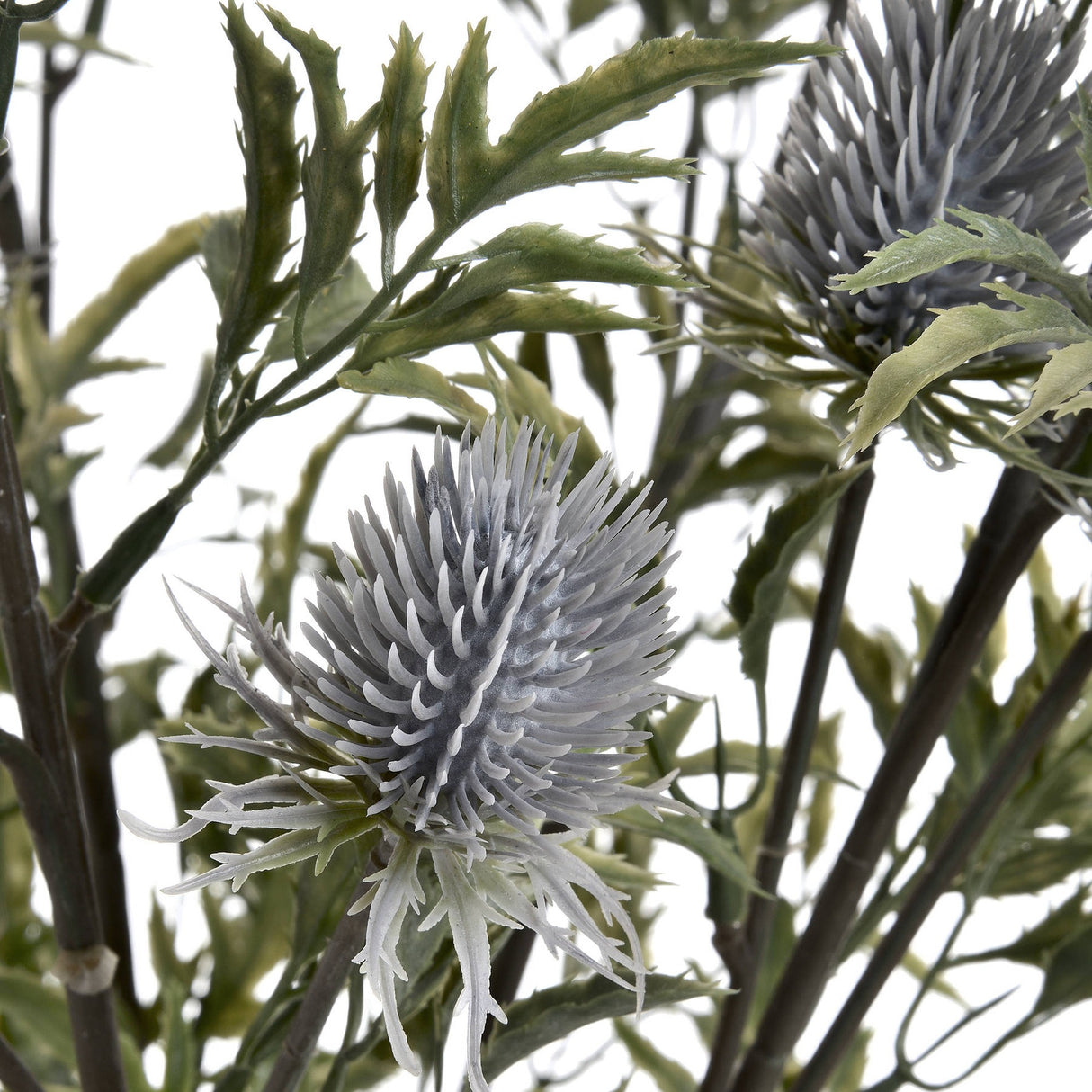 Close-up of the Hill Interiors Eryngium Thistle faux stem showing cone-shaped grey thistle heads and jagged green bracts against a white background.