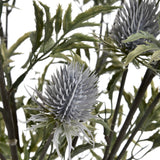 Close-up of the Hill Interiors Eryngium Thistle faux stem showing cone-shaped grey thistle heads and jagged green bracts against a white background.