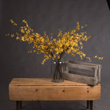 Hill Interiors Forsythia faux flower stems with yellow blooms on woody branches, arranged in a clear glass jar vase beside a wooden crate on a pine bench.