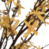 Close-up of Hill Interiors Forsythia faux stem showing small four-petalled yellow blooms and slim buds along slender woody branches against a white background.