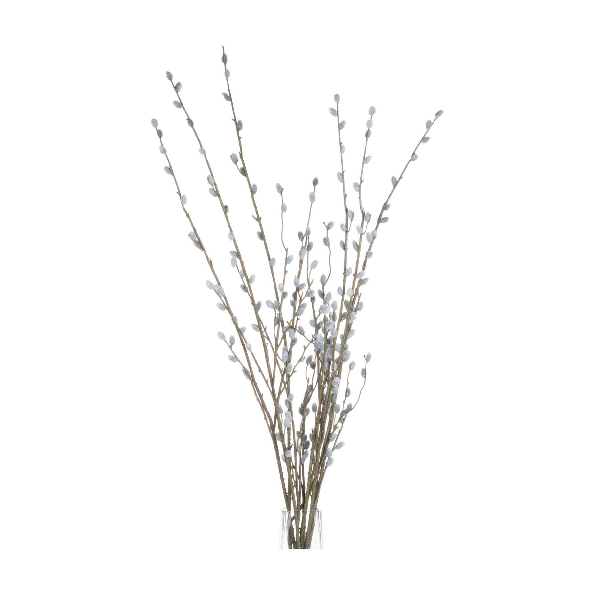 Hill Interiors Pussy Willow Branch faux foliage stems with downy grey-blue buds on tall brown branches, arranged in a clear glass vase on a white background.