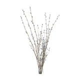 Hill Interiors Pussy Willow Branch faux foliage stems with downy grey-blue buds on tall brown branches, arranged in a clear glass vase on a white background.