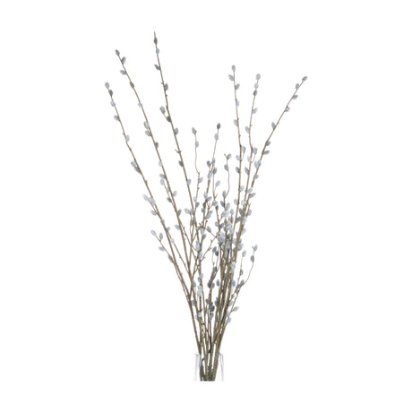 Hill Interiors Pussy Willow Branch faux foliage stems with downy grey-blue buds on tall brown branches, arranged in a clear glass vase on a white background.