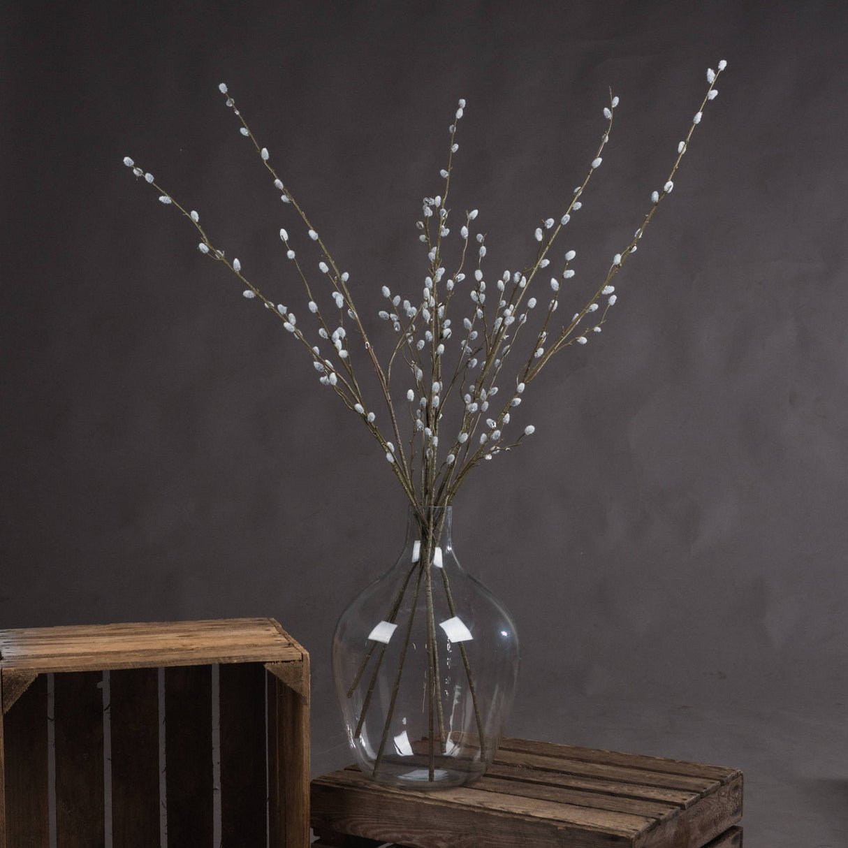 Hill Interiors Pussy Willow Branch faux foliage stems with downy pale buds arranged in a clear glass vase on a wooden crate against a grey backdrop.
