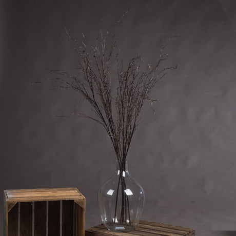 Hill Interiors Branch Spray faux foliage in tall brown twisted twigs arranged in a clear glass vase atop a wooden crate against a grey backdrop.