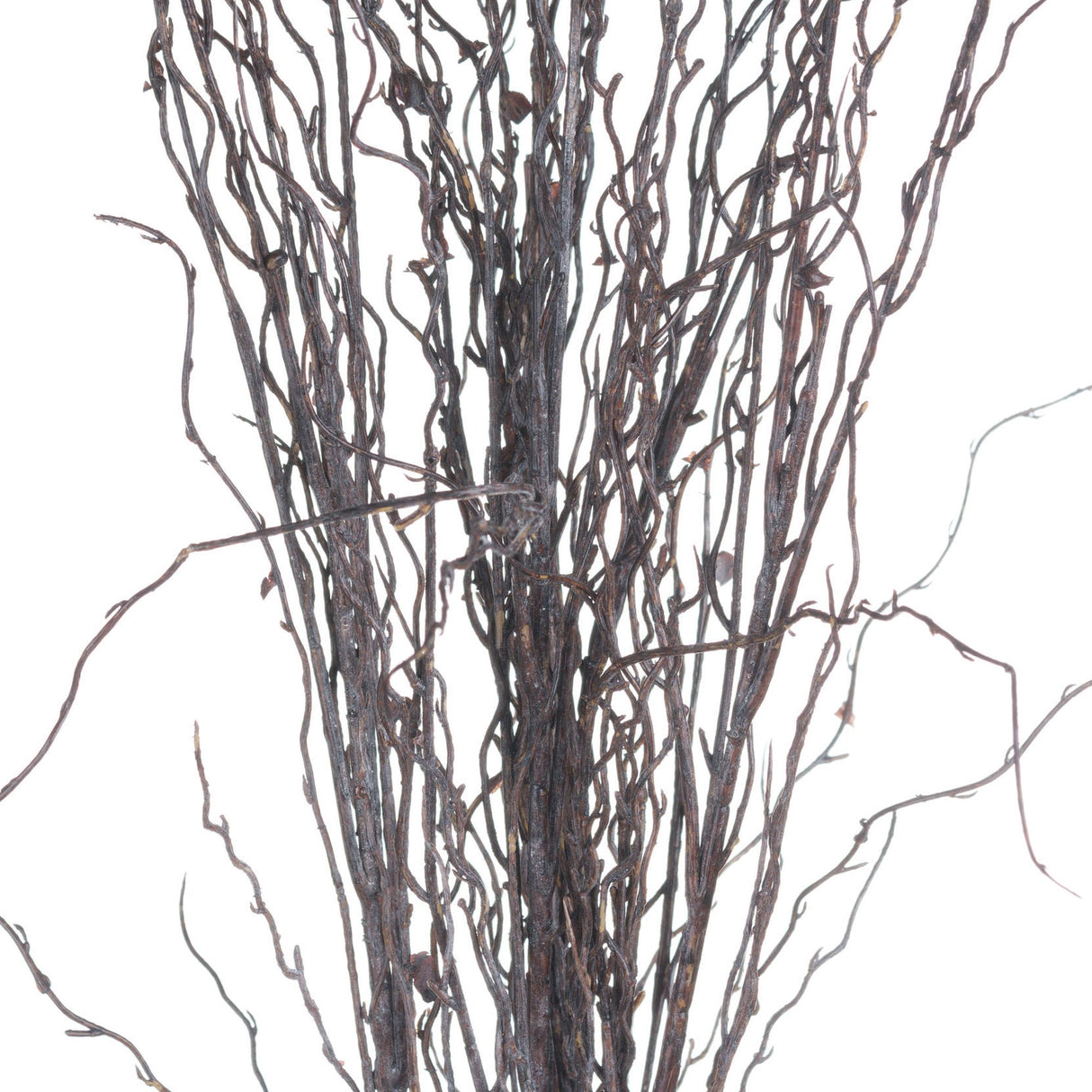 Close-up of Hill Interiors Branch Spray faux foliage stem showing slender twisting brown twigs and finer offshoots against a plain white background.