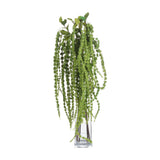 Hill Interiors Green Amaranthus faux stem with cascading beaded plumes and small leaves, displayed in a tall clear glass vase on a white background.