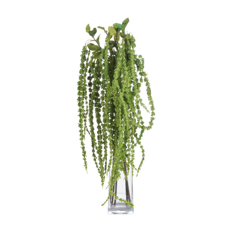 Hill Interiors Green Amaranthus faux stem with cascading beaded plumes and small leaves, displayed in a tall clear glass vase on a white background.