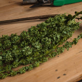 Hill Interiors Green Amaranthus faux flower stem with trailing beaded plumes and slim leaves, resting on a wooden surface near garden snips.