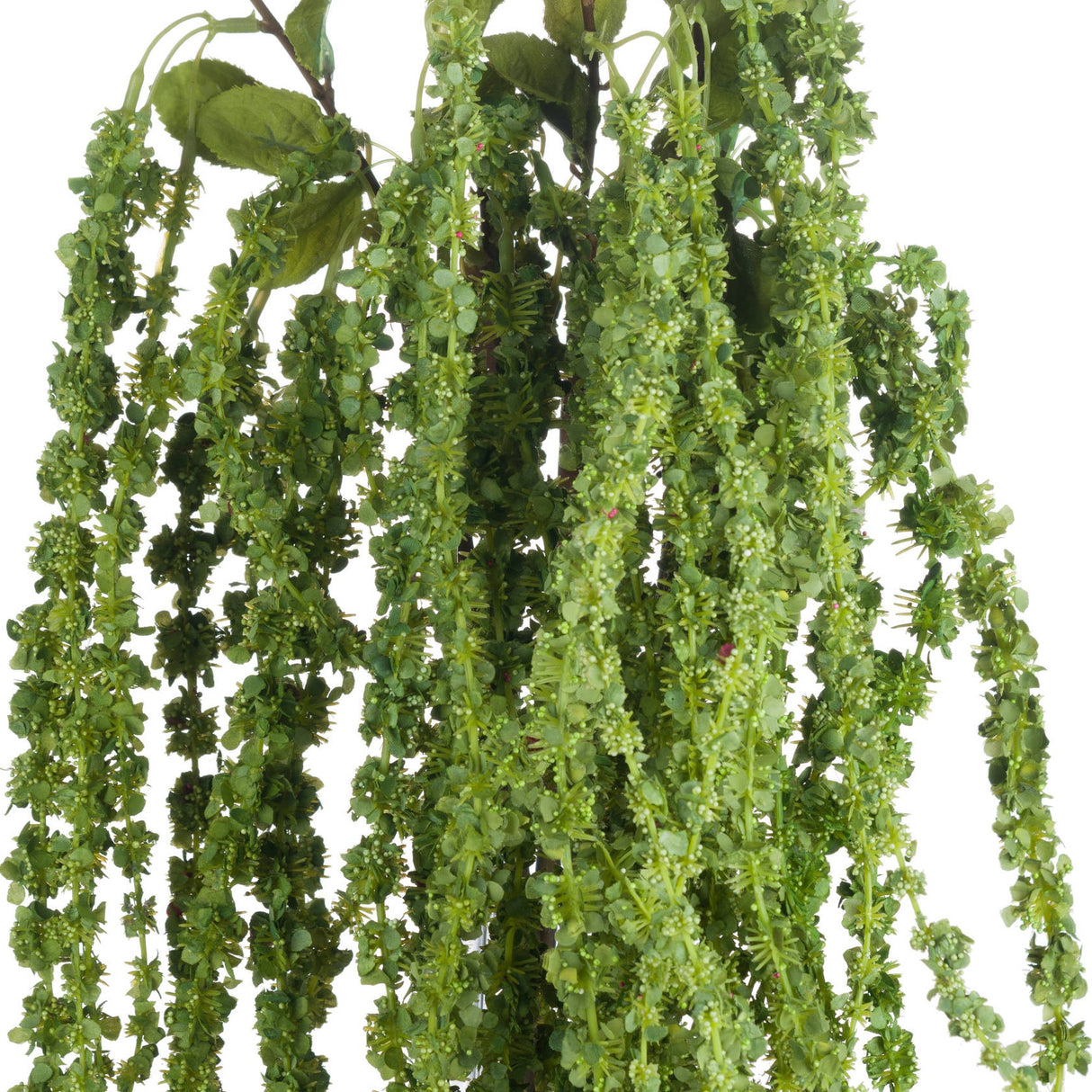 Hill Interiors Green Amaranthus faux flower stem with cascading beaded plumes and slim leaves in graduated green tones, shown against a plain white background.