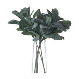 Hill Interiors Lambs Ear Spray faux foliage stems with soft downy silvery-green leaves, arranged in a clear tapered glass vase against a white background.