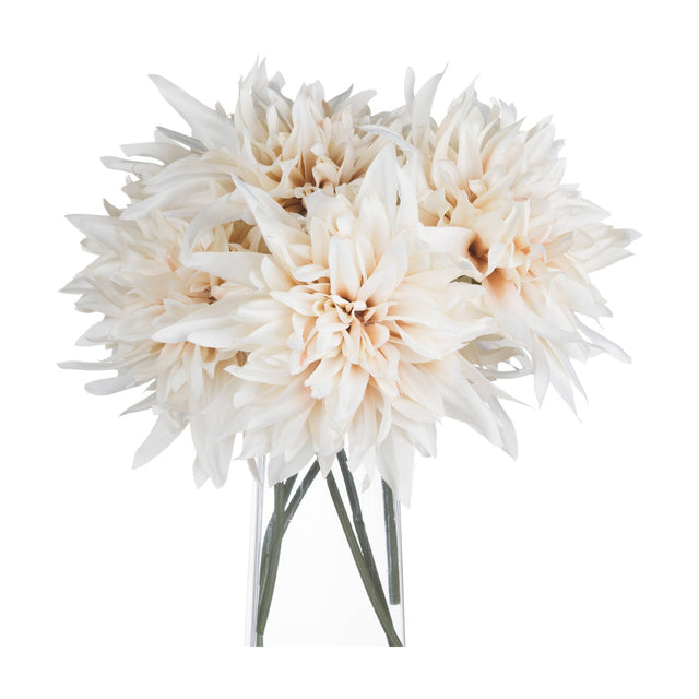 Hill Interiors Café Au Lait faux dahlia stems with cream and blush ruffled blooms arranged in a clear glass vase on a white background.