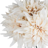 Close-up of Hill Interiors Café Au Lait faux dahlia stems with layered cream and blush petals opening into curling tips, shown against a white background.