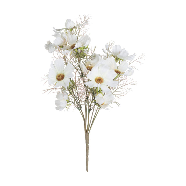 Hill Interiors Cream Cosmos Spray faux flower stem with open cream blooms, buds, and wispy foliage on wired stems, shown on a plain white background.
