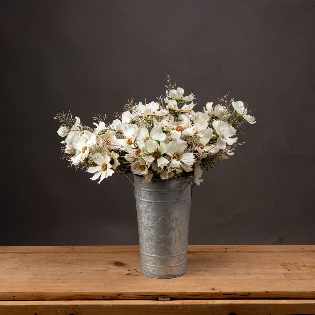 Cream Cosmos Spray by Hill Interiors arranged with fine foliage in a tall galvanised metal florist bucket on a wooden surface against a dark grey background.