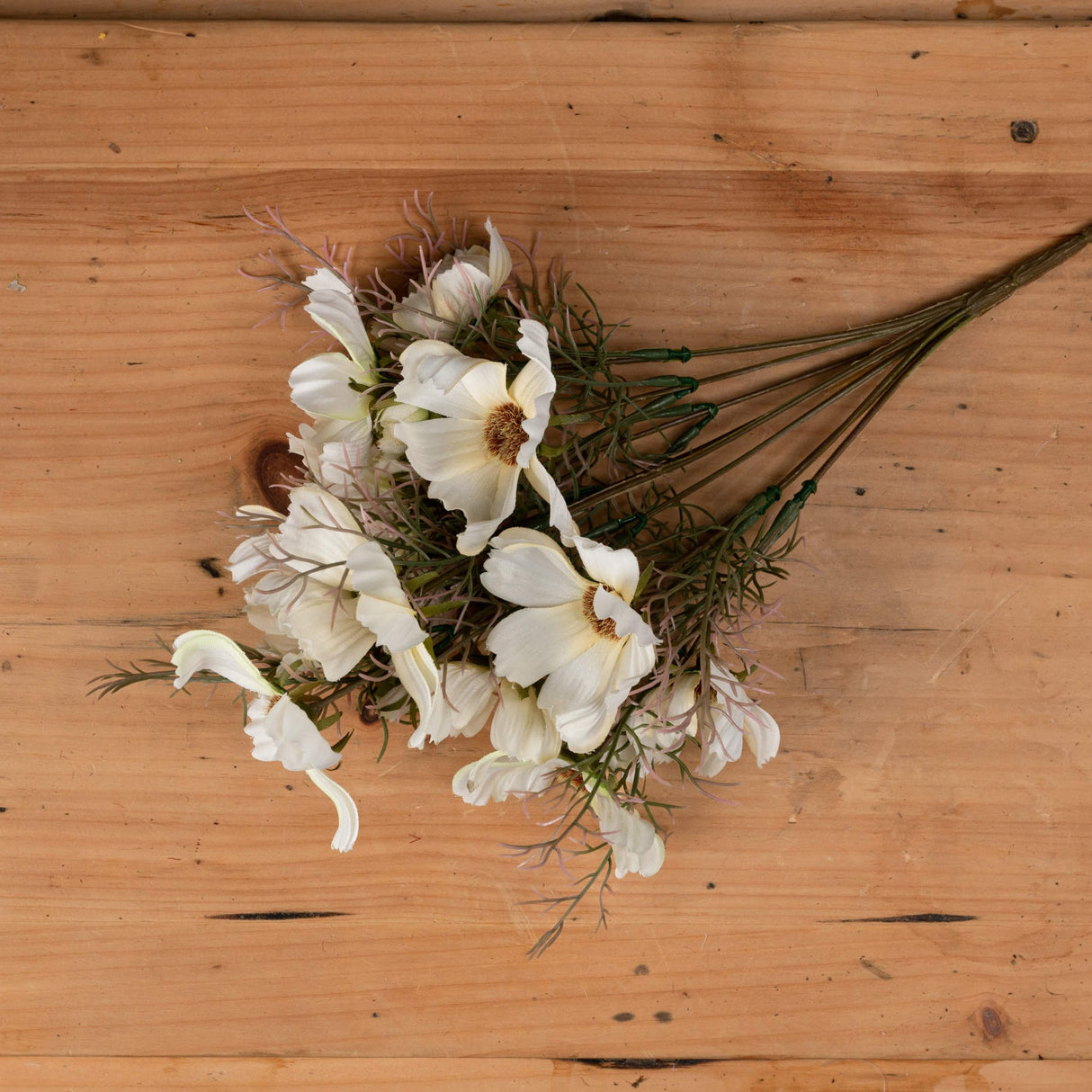 Hill Interiors Cream Cosmos Spray laid flat on a wooden surface, showing cupped cream petals, small buds, and fine green foliage along wired stems.