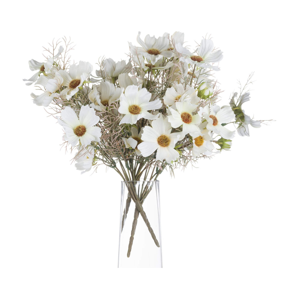 Hill Interiors Cream Cosmos Spray arrangement with cream daisy-like blooms and wispy foliage displayed in a clear tapered glass vase on a white background.