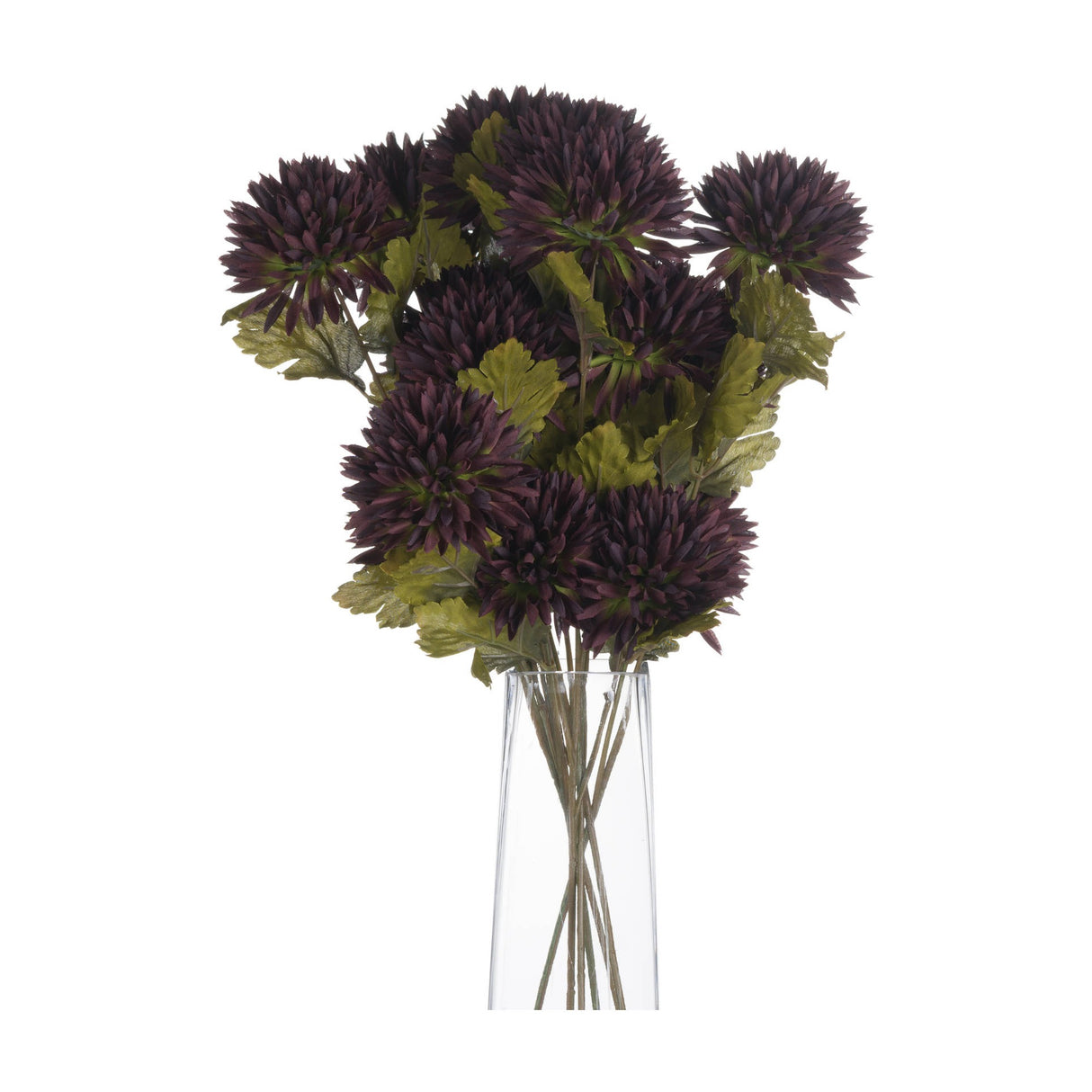 Hill Interiors Chocolate Chrysanthemum faux stems with deep brown layered blooms and green leaves arranged in a clear glass vase on a white background.