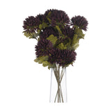 Hill Interiors Chocolate Chrysanthemum faux stems with deep brown layered blooms and green leaves arranged in a clear glass vase on a white background.