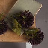 Hill Interiors Chocolate Chrysanthemum faux stems with deep brown layered petals and green leaves resting on a vintage book atop a wooden stool.