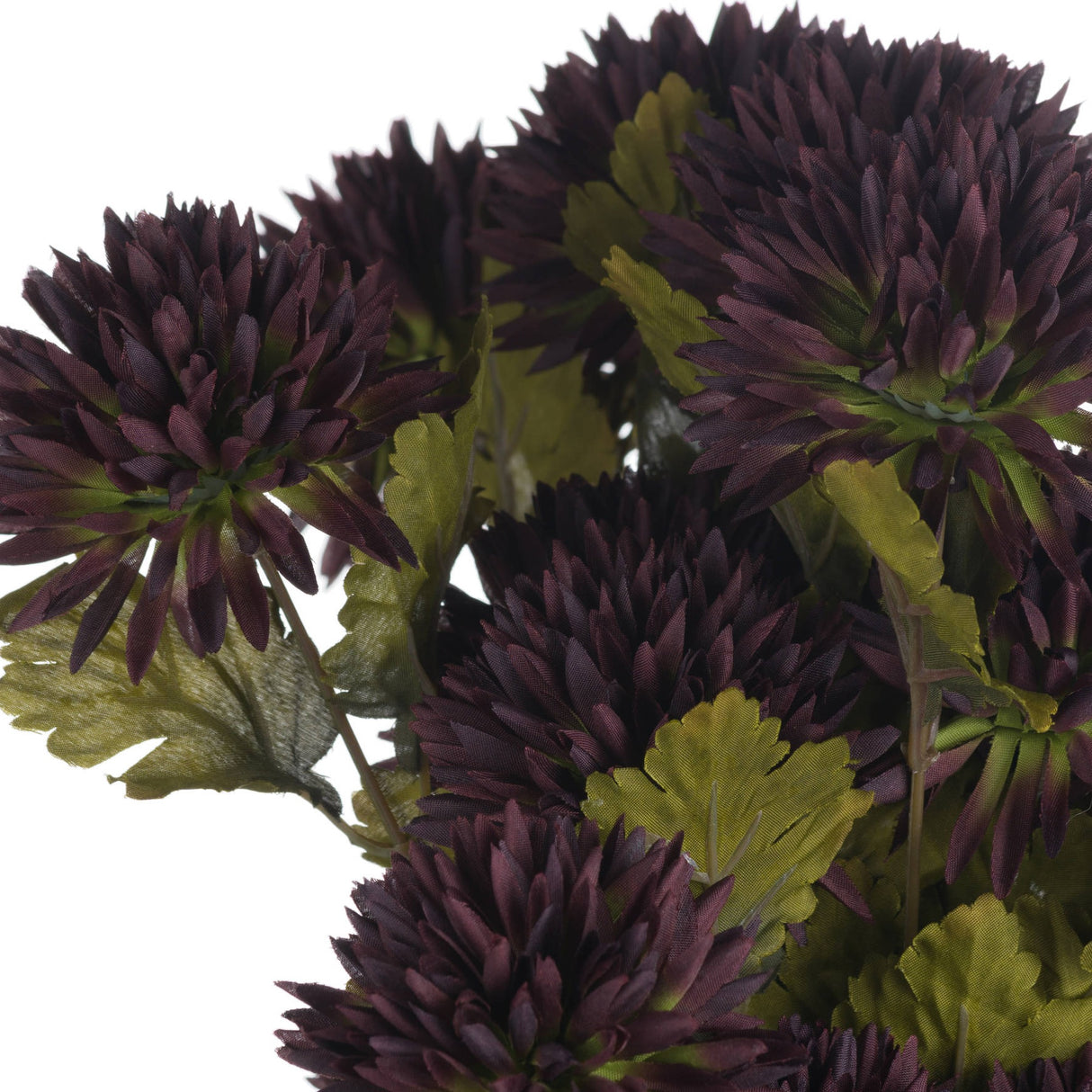 Close-up of the Hill Interiors Chocolate Chrysanthemum faux stem showing deep brown layered petal heads and green leaves against a white background.