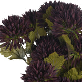 Close-up of the Hill Interiors Chocolate Chrysanthemum faux stem showing deep brown layered petal heads and green leaves against a white background.