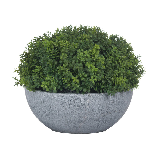 Hill Interiors Small Hebe Globe Pot, a faux potted plant with a dense green dome of small oval leaves in a textured grey stone-effect bowl.