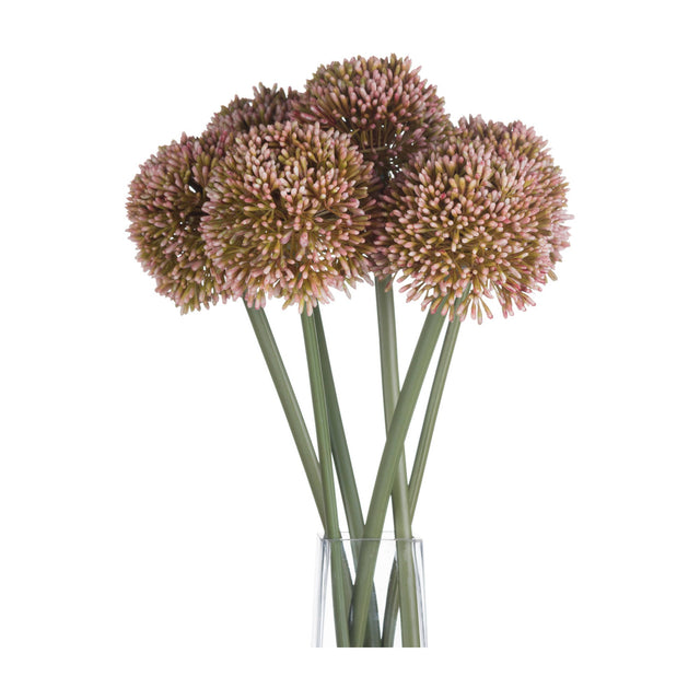 Hill Interiors Pink Allium faux stems with rounded pom-pom heads in blush and green tones, arranged in a clear glass vase against a white background.
