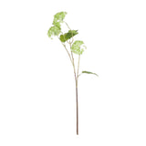 Hill Interiors Green Viburnum Spray faux plant stem with domed pale green flower clusters and veined leaves on a plastic branch, shown on a white background.